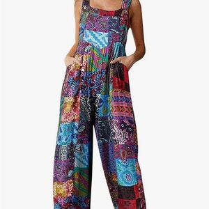 Himosyber patchwork boho jumpsuit with double pockets size medium